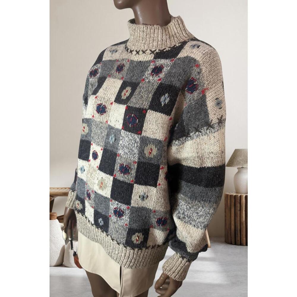 Vintage y2k wool blend patchwork sweater floral striped sleeves size L gingham
